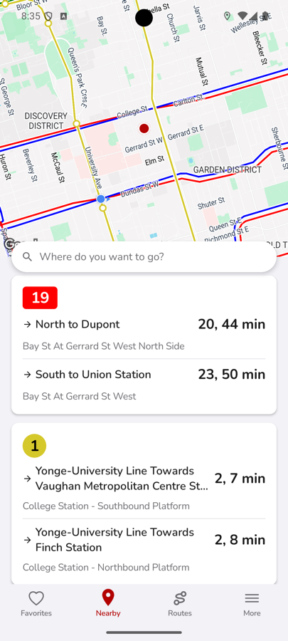 CityTransit nearby screen listing live bus and subway arrival times