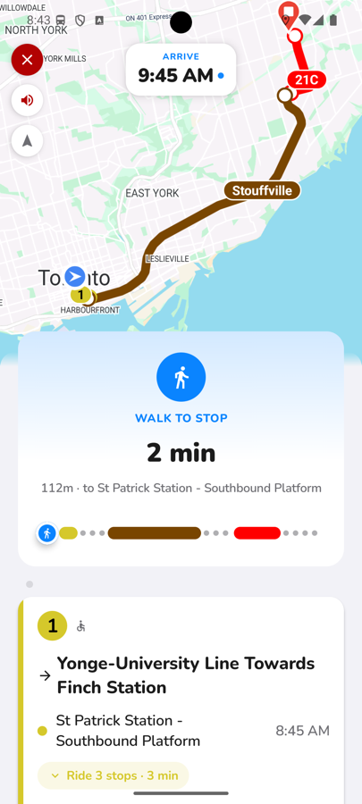 CityTransit trip detail with turn-by-turn walking directions to the stop