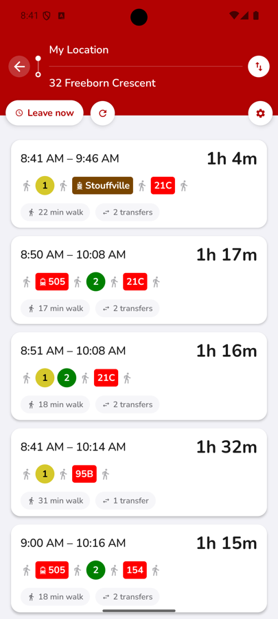 CityTransit trip planner showing route options with transfers