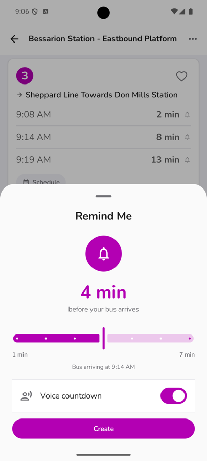 CityTransit Remind Me sheet setting an arrival alarm 4 minutes before the bus arrives