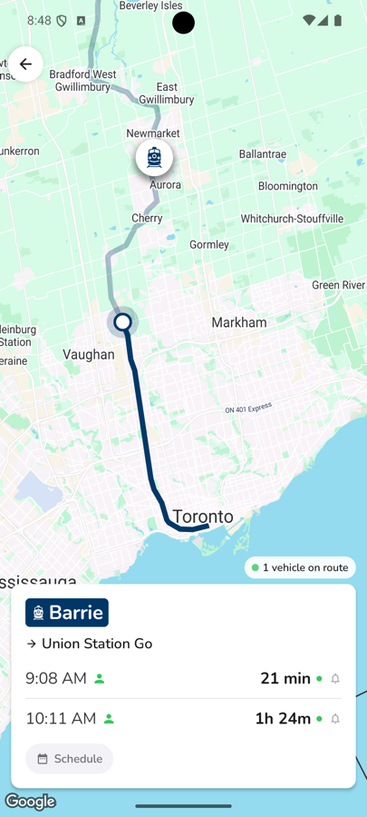 CityTransit map showing a live vehicle position with 1 vehicle on route