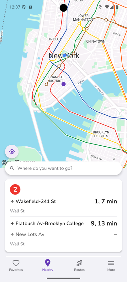 CityTransit Nearby tab showing a map and live arrivals for nearby stops