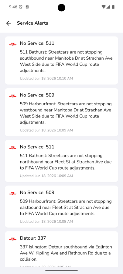 CityTransit service alerts list showing detour and no-service notices