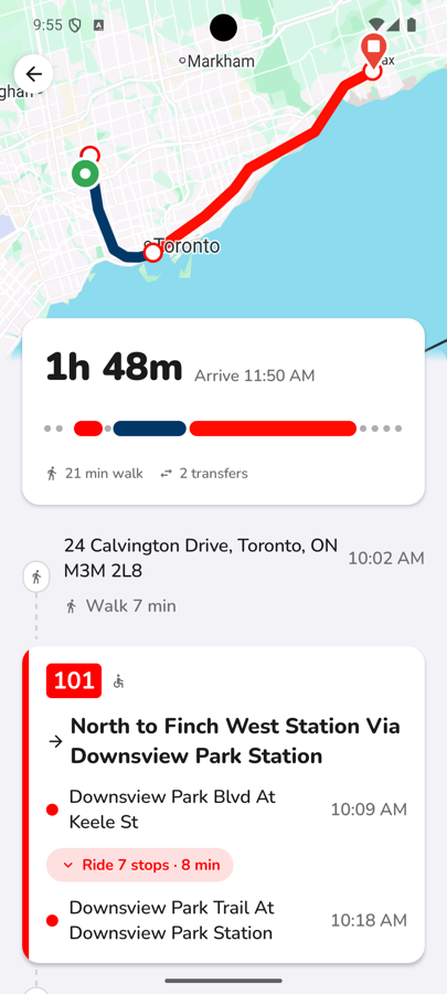 CityTransit trip detail screen showing the full itinerary overview map and step-by-step legs