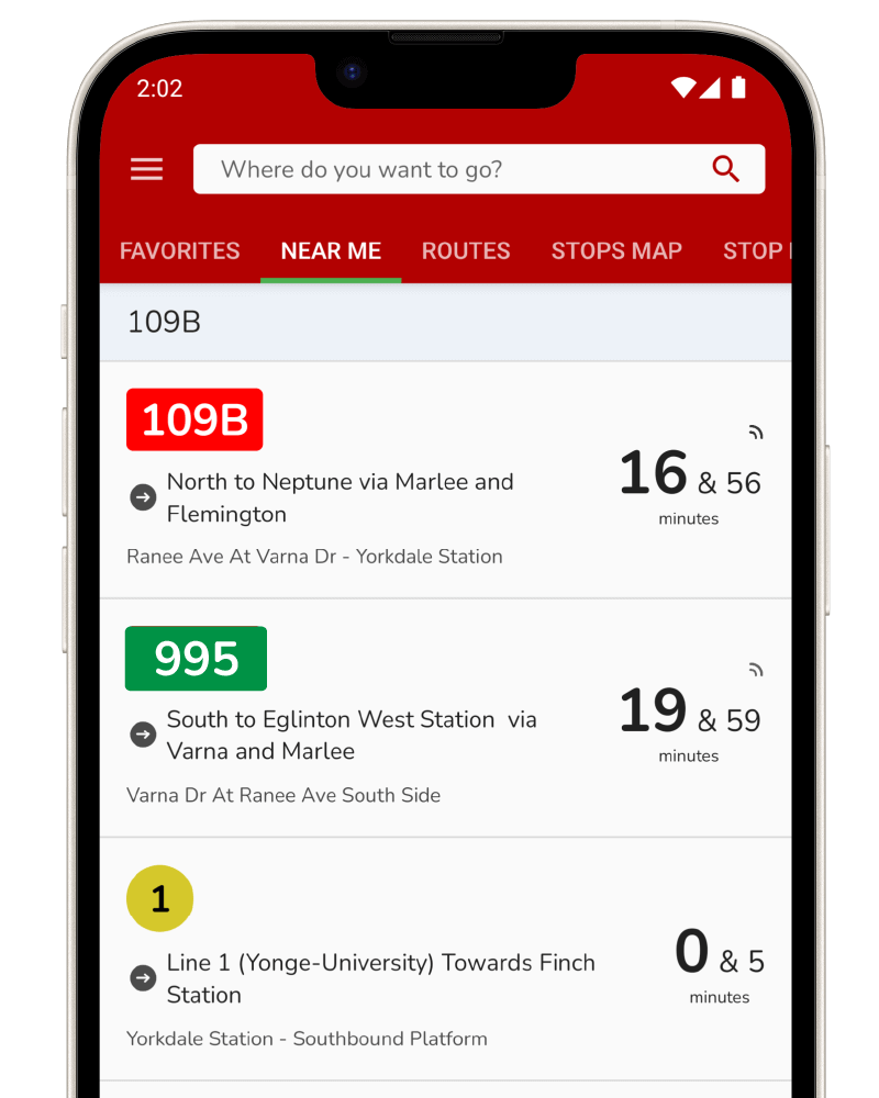 CityTransit app showing nearby buses and trip planner in real-time