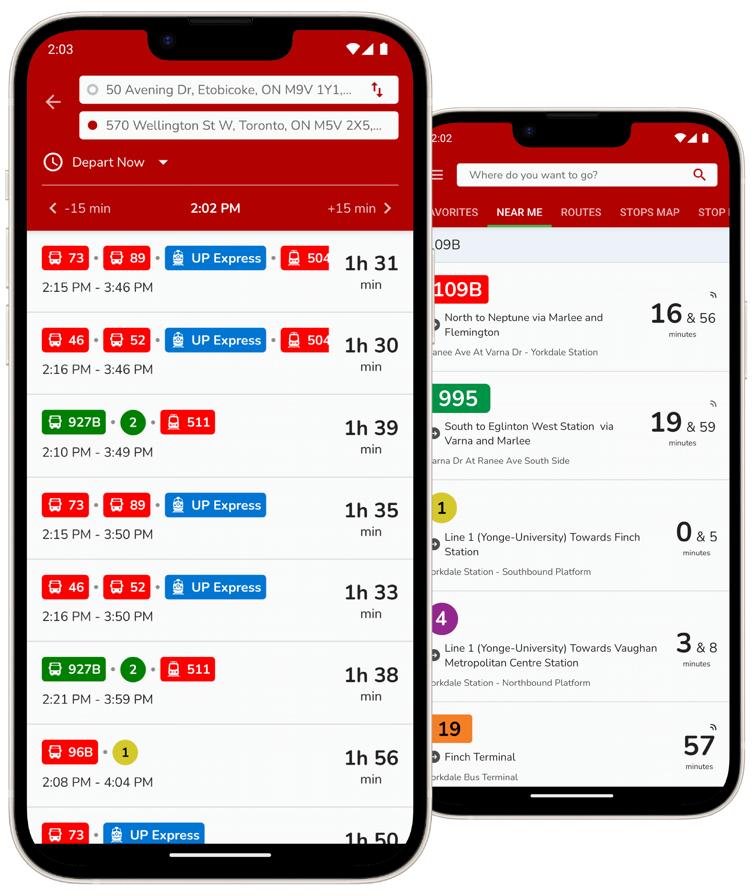 CityTransit app showing nearby buses and trip planner in real-time